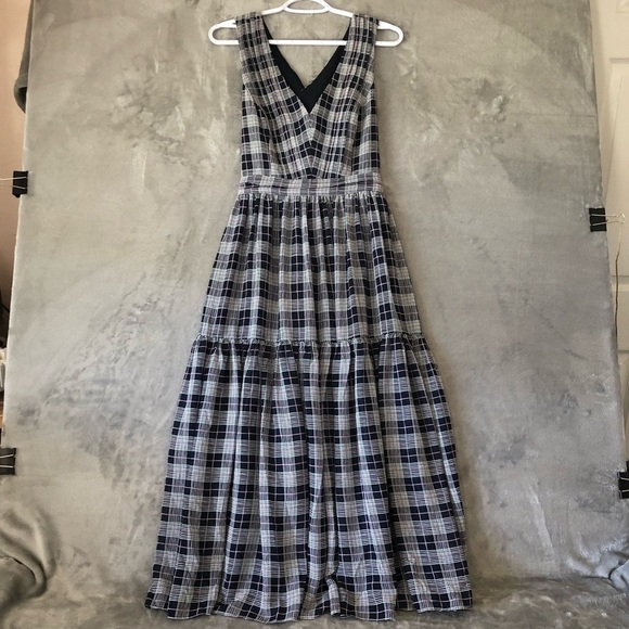 Club Monaco Cross Back Dress Size 4 Plaid V Neck Flowy Side Zip Special Occasion - Picture 1 of 15